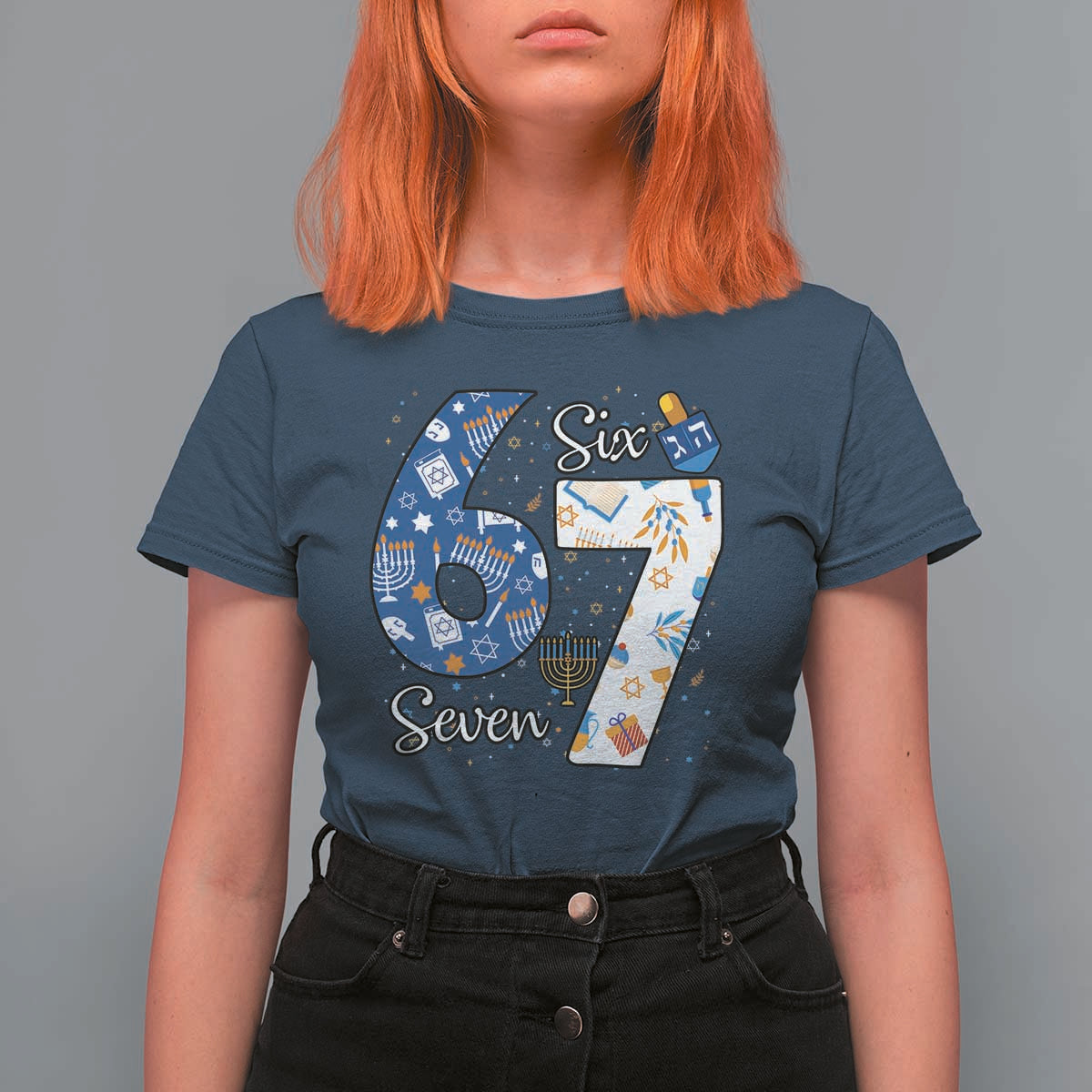 Funny 67 Hanukkah T Shirt For Women Chanukah Menorah Dreidel Six Seven Meme - Wonder Print Shop