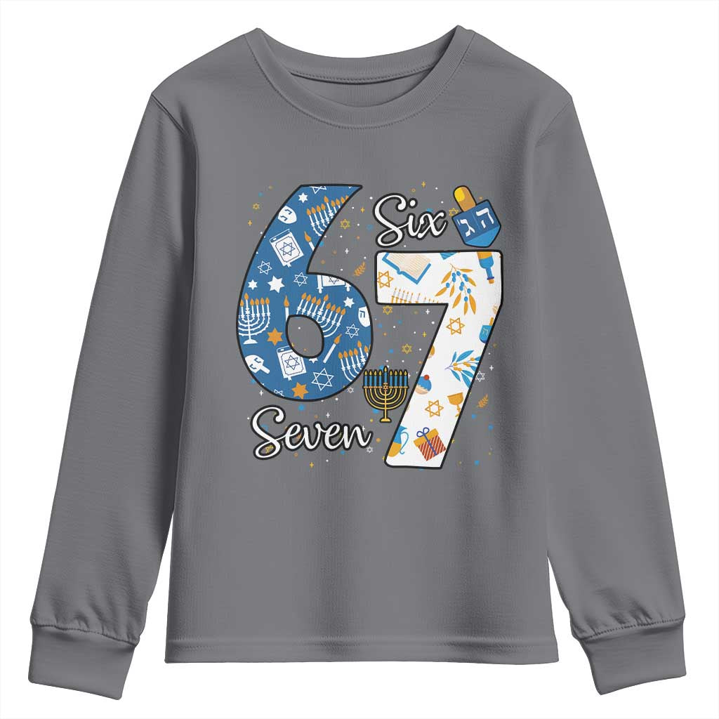 Funny 67 Hanukkah Youth Sweatshirt Chanukah Menorah Dreidel Six Seven Meme - Wonder Print Shop