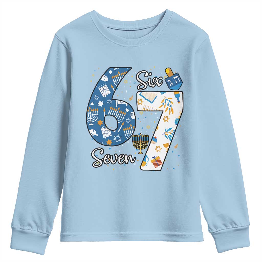 Funny 67 Hanukkah Youth Sweatshirt Chanukah Menorah Dreidel Six Seven Meme - Wonder Print Shop