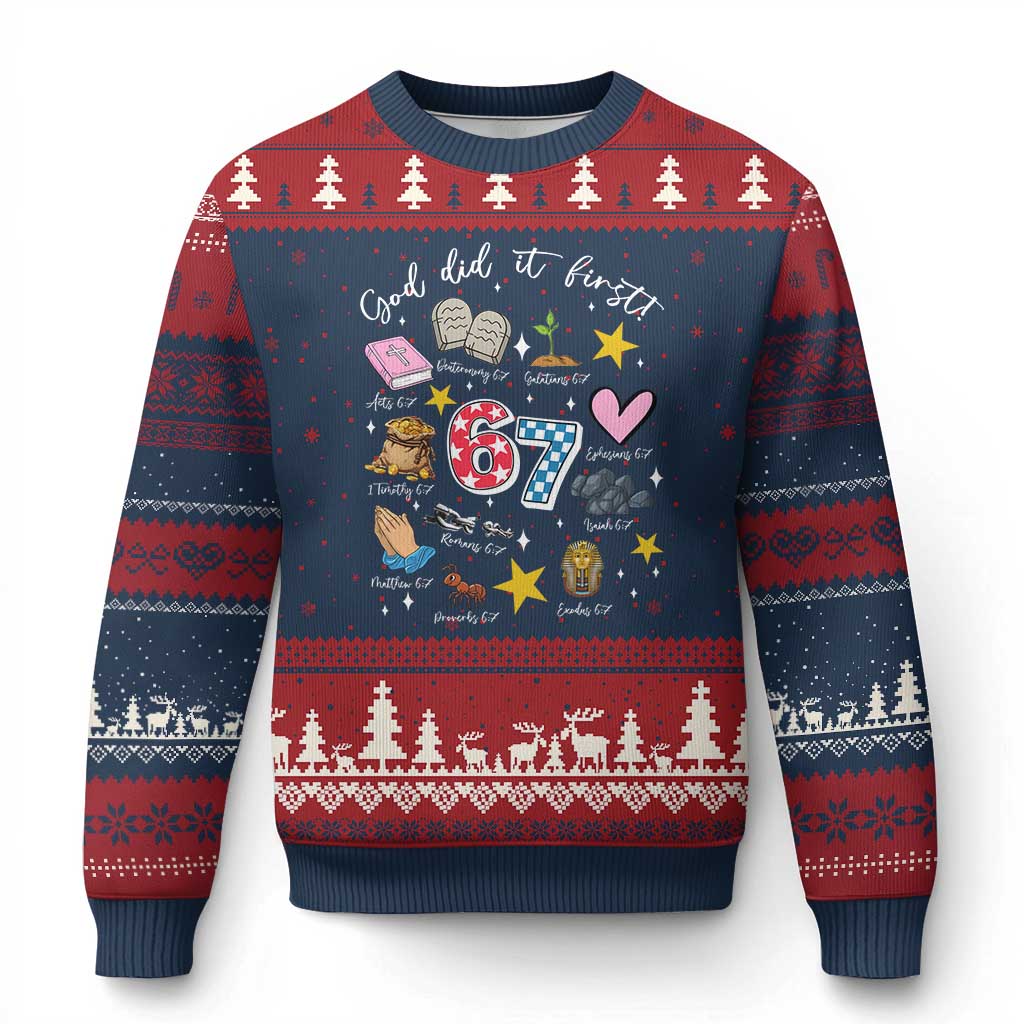 Funny 67 Christian Ugly Christmas Sweater God Did It First Six Seven Meme Bible Verses - Wonder Print Shop