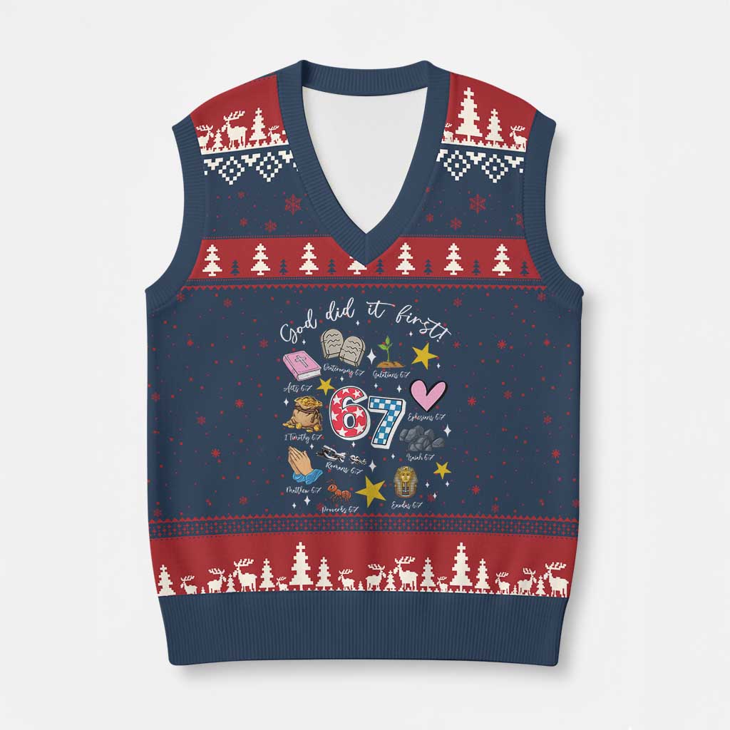 Funny 67 Christian V-Neck Knit Sweater Vest God Did It First Six Seven Meme Bible Verses - Wonder Print Shop
