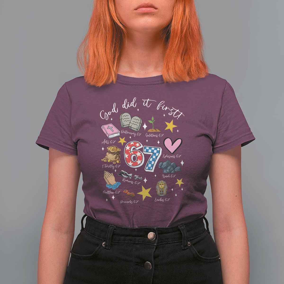 Funny 67 Christian T Shirt For Women God Did It First Six Seven Meme Bible Verses - Wonder Print Shop