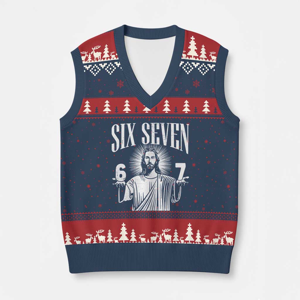 Funny Jesus 67 V-Neck Knit Sweater Vest God Six Seven Meme Religious Christian - Wonder Print Shop