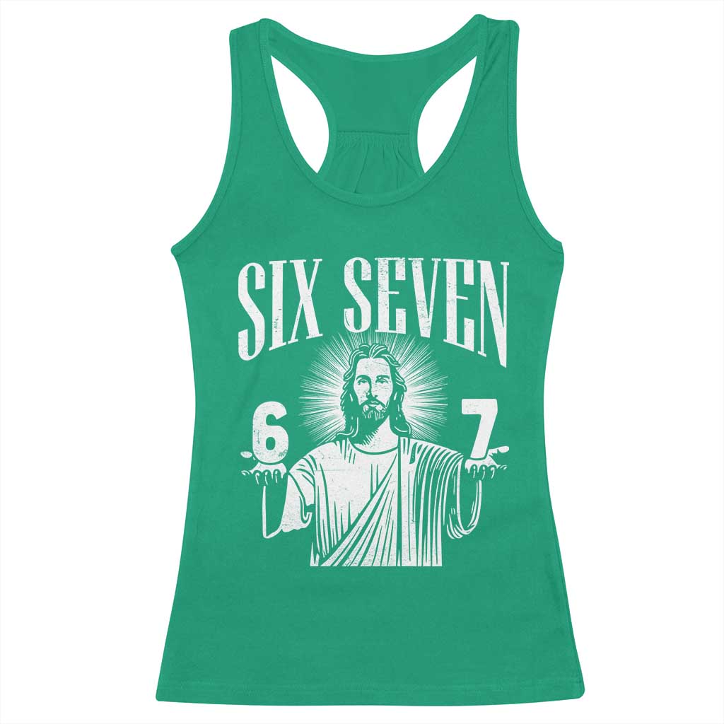 Funny Jesus 67 Racerback Tank Top God Six Seven Meme Religious Christian - Wonder Print Shop