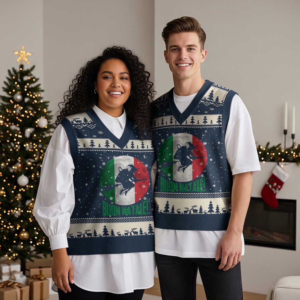 Buon Natale Italian Xmas V-Neck Knit Sweater Vest La Befana Italian Folklore Witch - Wonder Print Shop