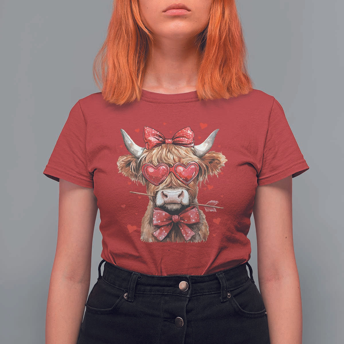 Funny Western Highland Cow Farm Valentine T Shirt For Women