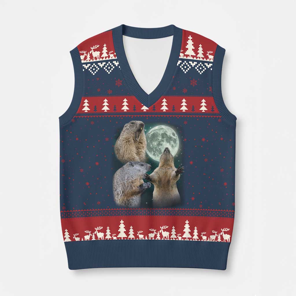 Funny Three Groundhog Moon Groundhog Day Meme V-Neck Knit Sweater Vest - Wonder Print Shop
