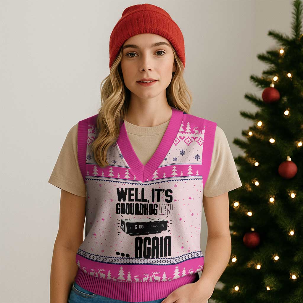 Well Its Groundhog Day Again V-Neck Knit Sweater Vest Funny Woodchuck Groundhog - Wonder Print Shop