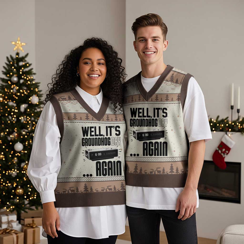 Well Its Groundhog Day Again V-Neck Knit Sweater Vest Funny Woodchuck Groundhog - Wonder Print Shop