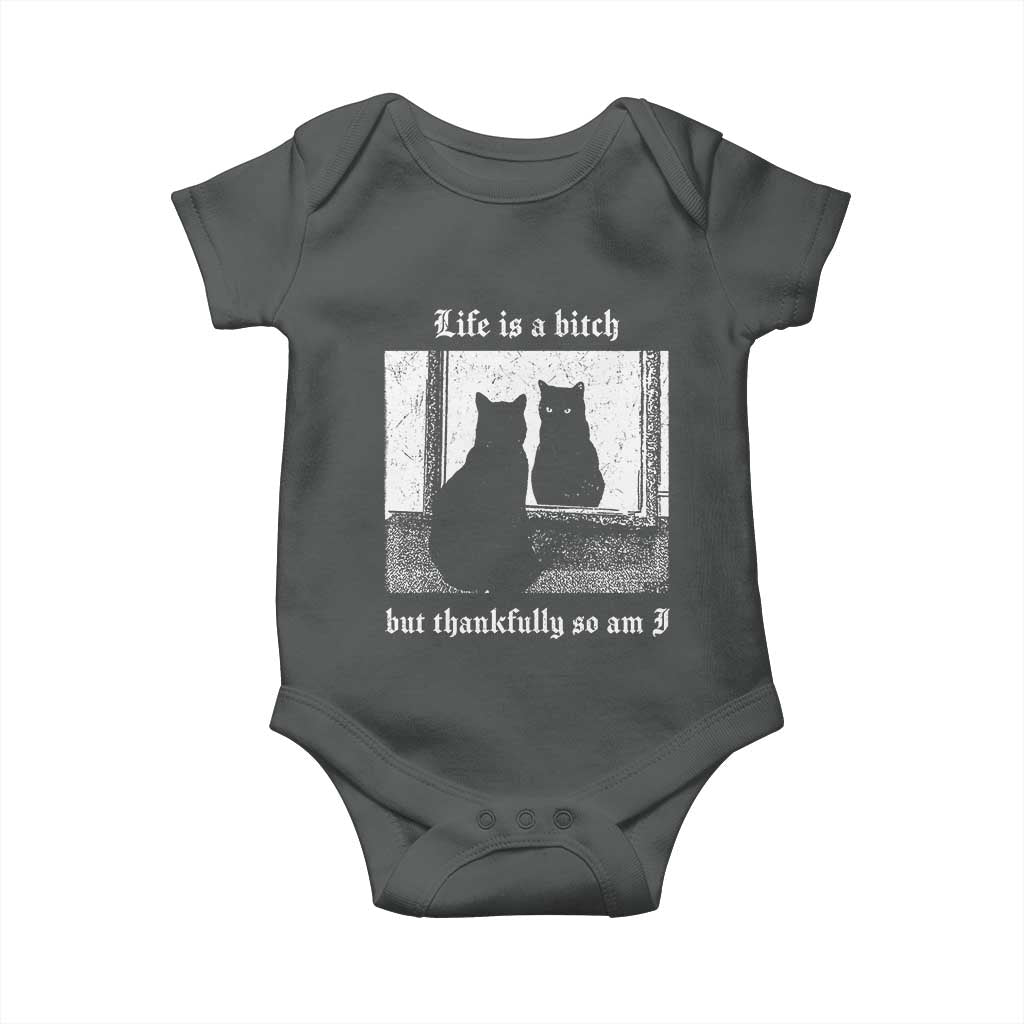 Funny Life Is A Bitch But Thankfully So Am I Baby Onesie Black Cat Meme - Wonder Print Shop