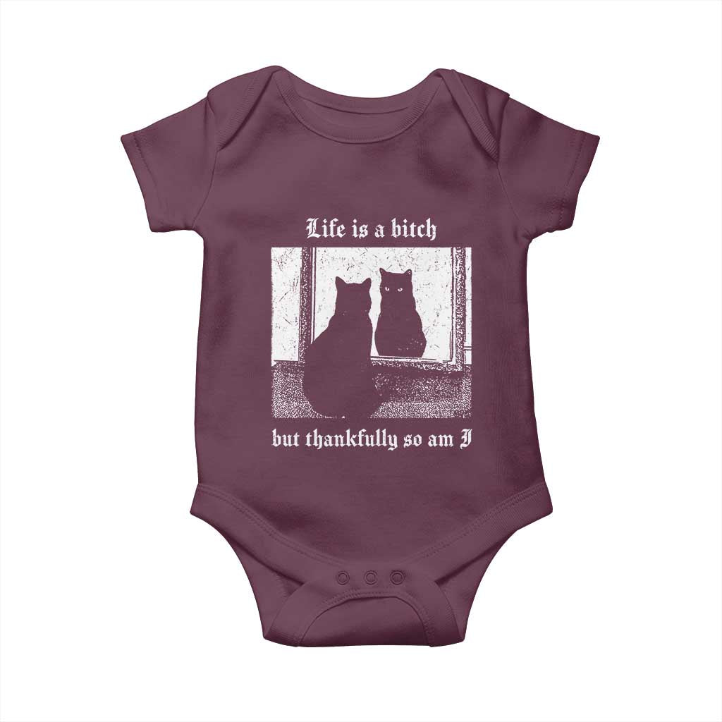 Funny Life Is A Bitch But Thankfully So Am I Baby Onesie Black Cat Meme - Wonder Print Shop
