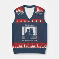 Funny Life Is A Bitch But Thankfully So Am I V-Neck Knit Sweater Vest Black Cat Meme - Wonder Print Shop
