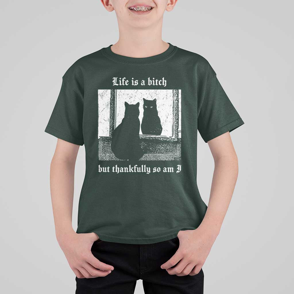 Funny Life Is A Bitch But Thankfully So Am I T Shirt For Kid Black Cat Meme - Wonder Print Shop