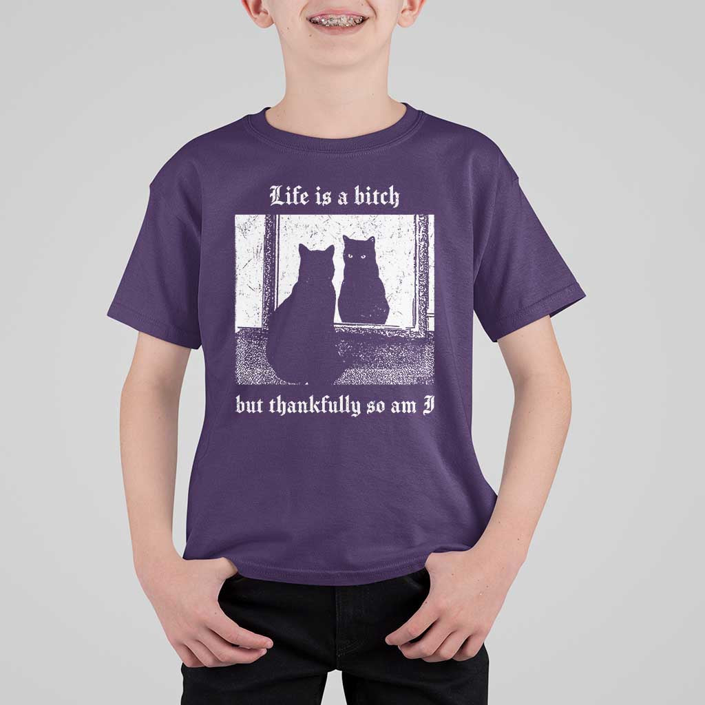 Funny Life Is A Bitch But Thankfully So Am I T Shirt For Kid Black Cat Meme - Wonder Print Shop