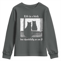 Funny Life Is A Bitch But Thankfully So Am I Youth Sweatshirt Black Cat Meme - Wonder Print Shop