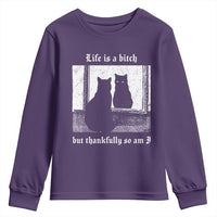 Funny Life Is A Bitch But Thankfully So Am I Youth Sweatshirt Black Cat Meme - Wonder Print Shop