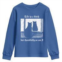 Funny Life Is A Bitch But Thankfully So Am I Youth Sweatshirt Black Cat Meme - Wonder Print Shop