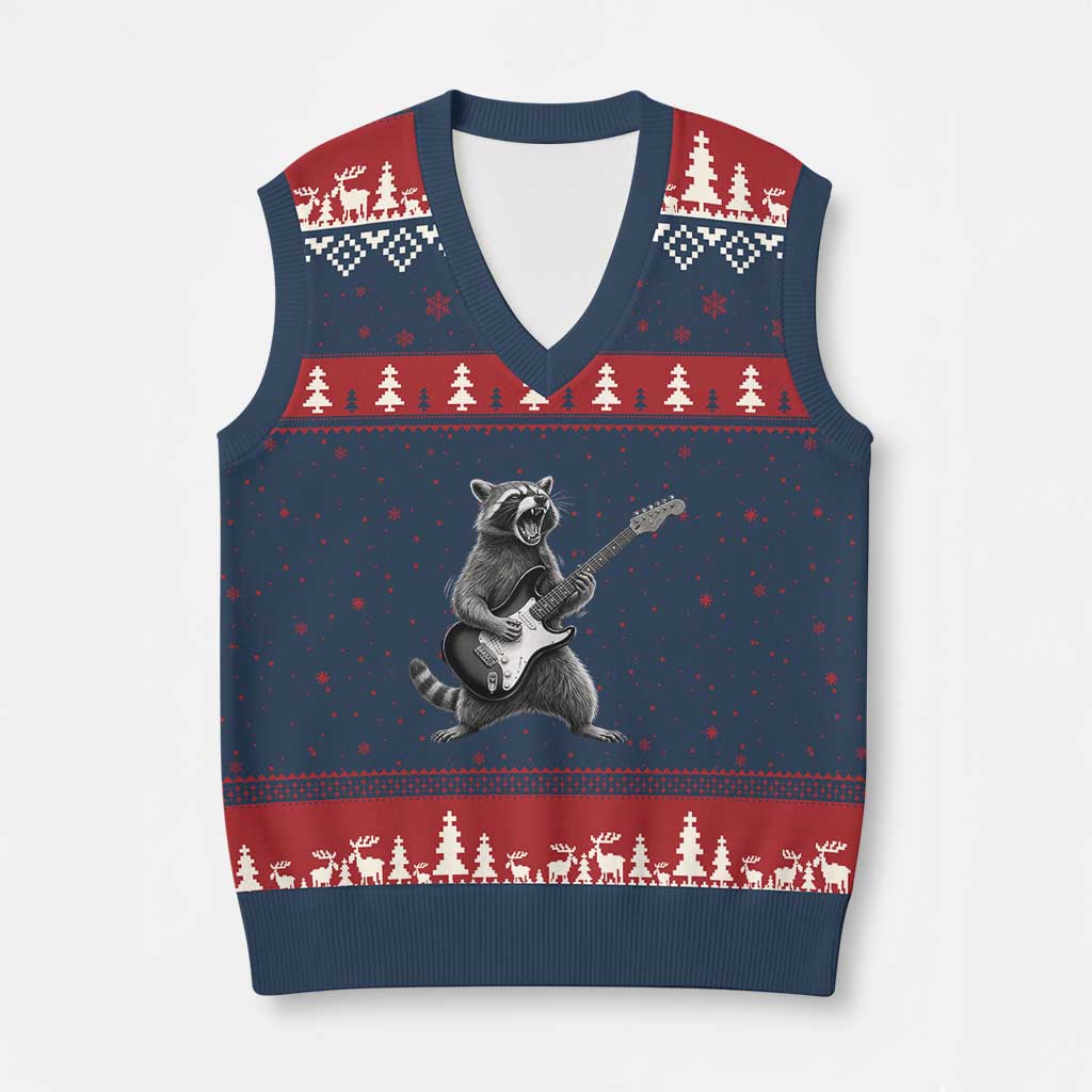 Funny Raccoon Playing Guitar Rock and Roll V-Neck Knit Sweater Vest