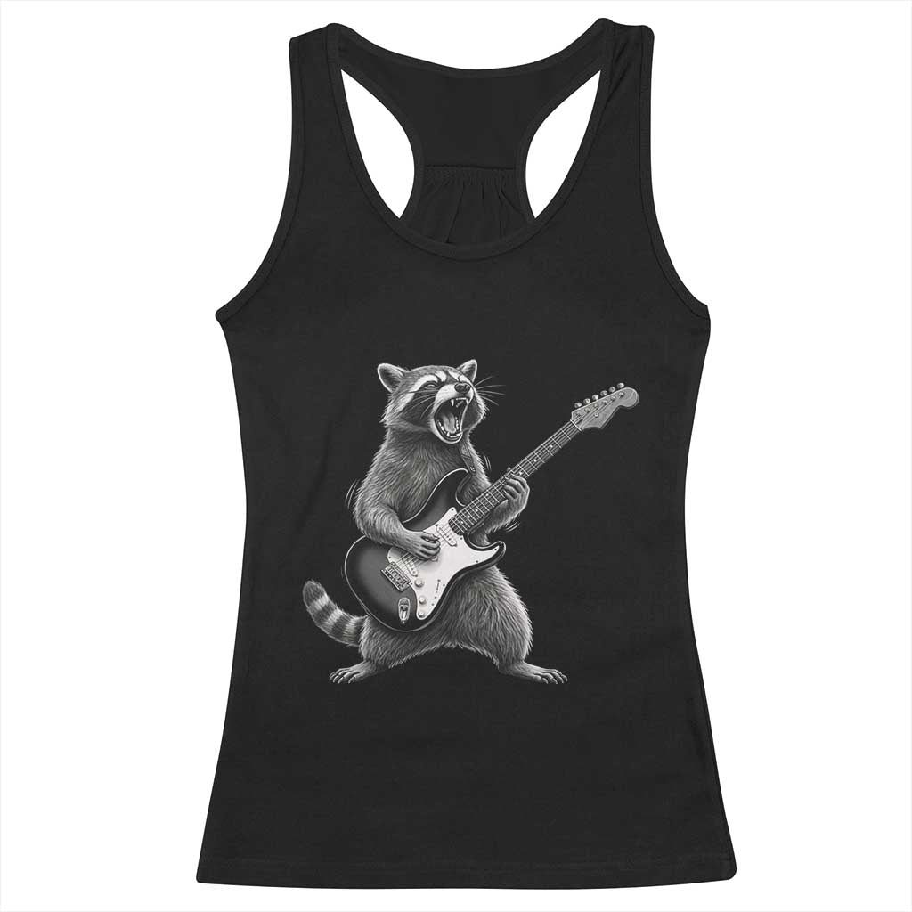 Funny Raccoon Playing Guitar Rock and Roll Racerback Tank Top