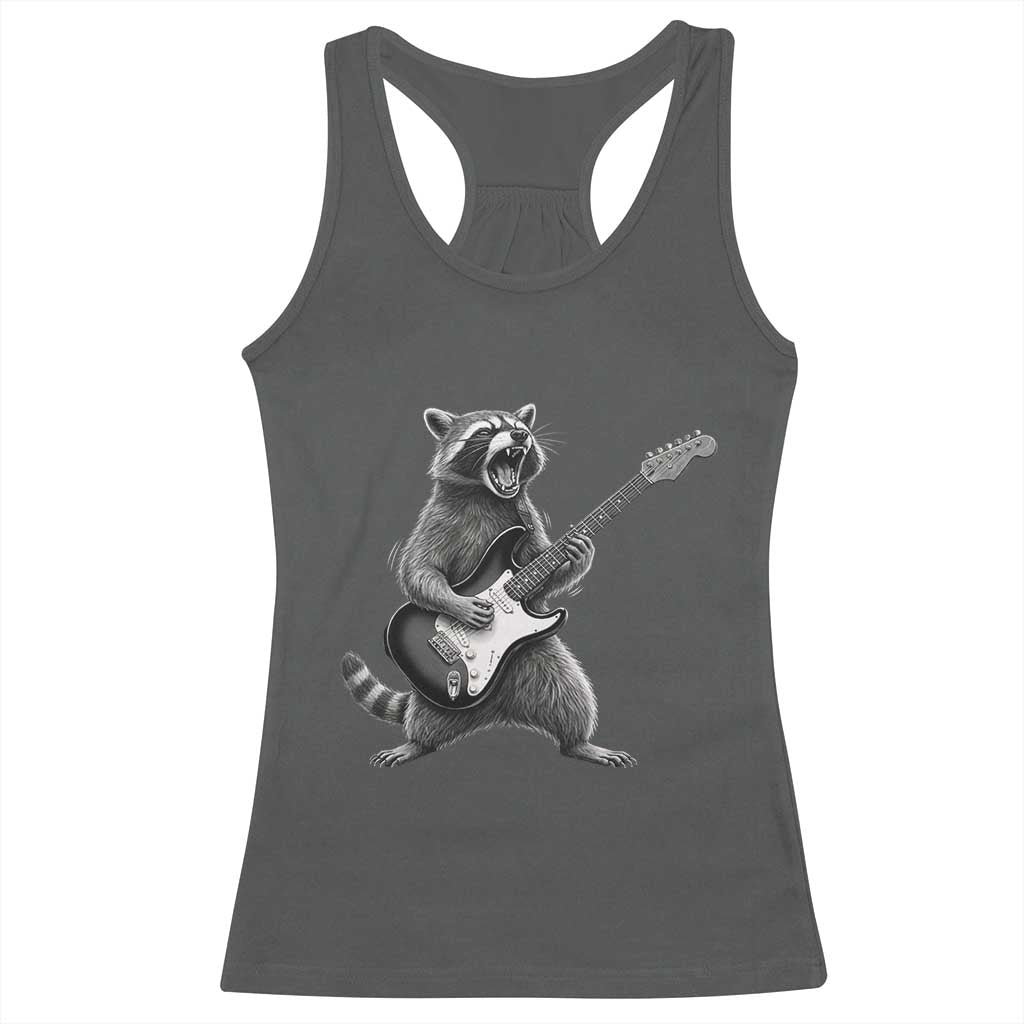 Funny Raccoon Playing Guitar Rock and Roll Racerback Tank Top