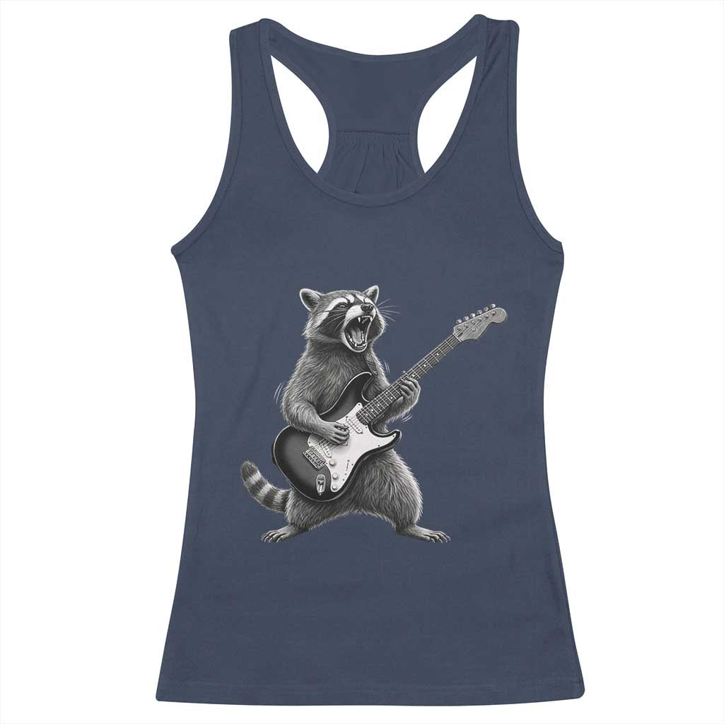 Funny Raccoon Playing Guitar Rock and Roll Racerback Tank Top