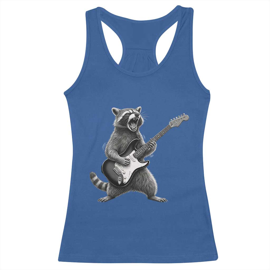 Funny Raccoon Playing Guitar Rock and Roll Racerback Tank Top