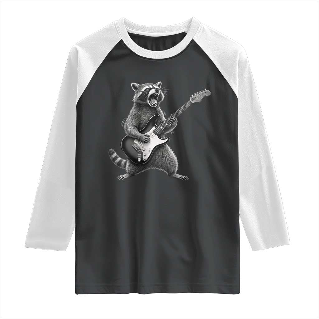 Funny Raccoon Playing Guitar Rock and Roll Raglan Shirt