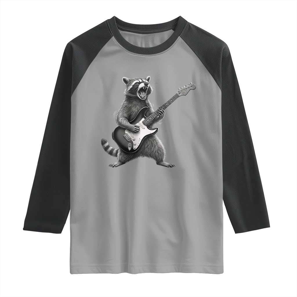 Funny Raccoon Playing Guitar Rock and Roll Raglan Shirt