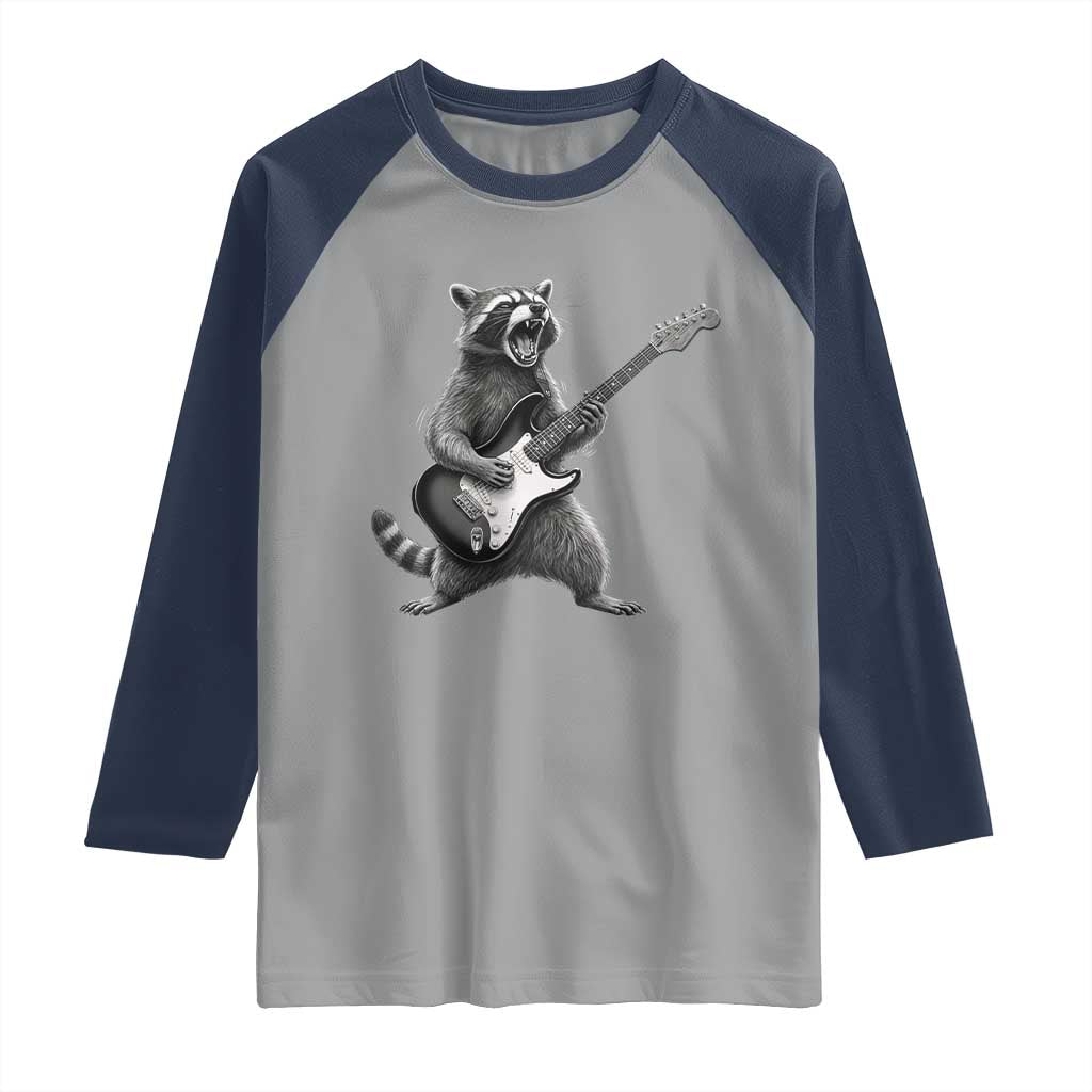 Funny Raccoon Playing Guitar Rock and Roll Raglan Shirt