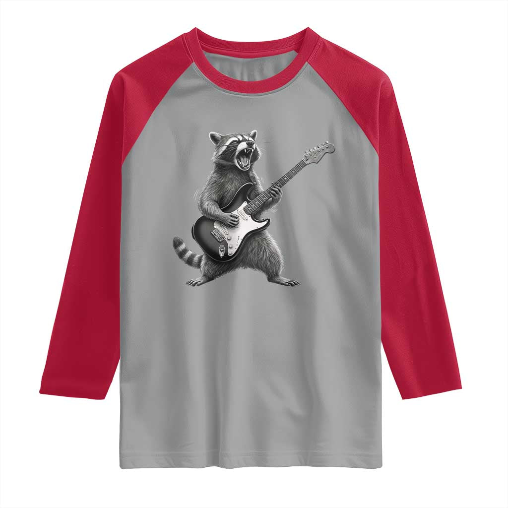 Funny Raccoon Playing Guitar Rock and Roll Raglan Shirt
