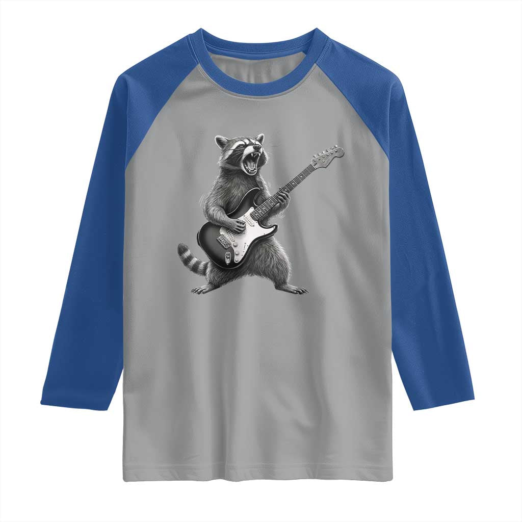 Funny Raccoon Playing Guitar Rock and Roll Raglan Shirt