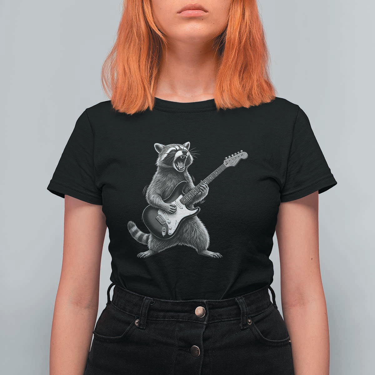 Funny Raccoon Playing Guitar Rock and Roll T Shirt For Women