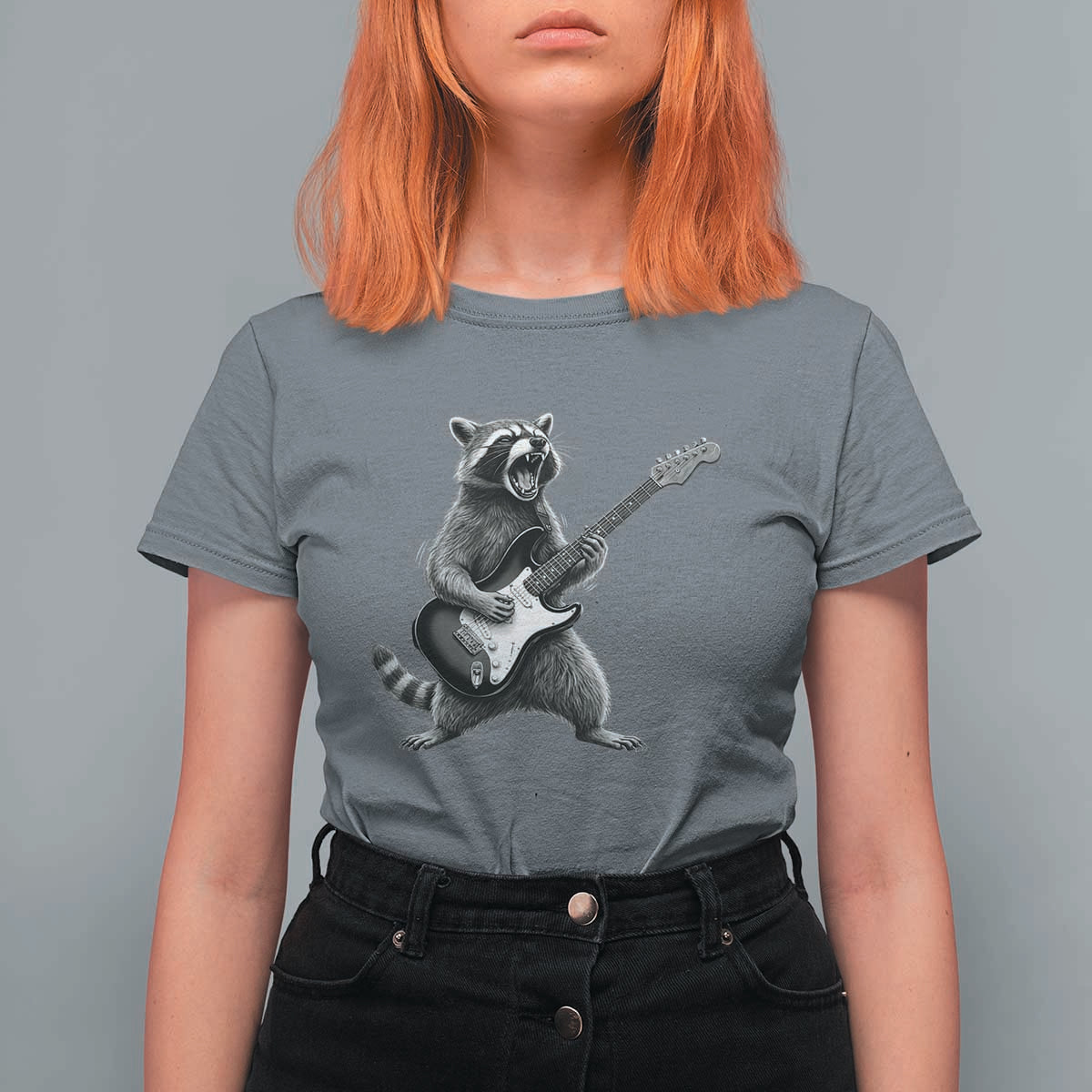Funny Raccoon Playing Guitar Rock and Roll T Shirt For Women