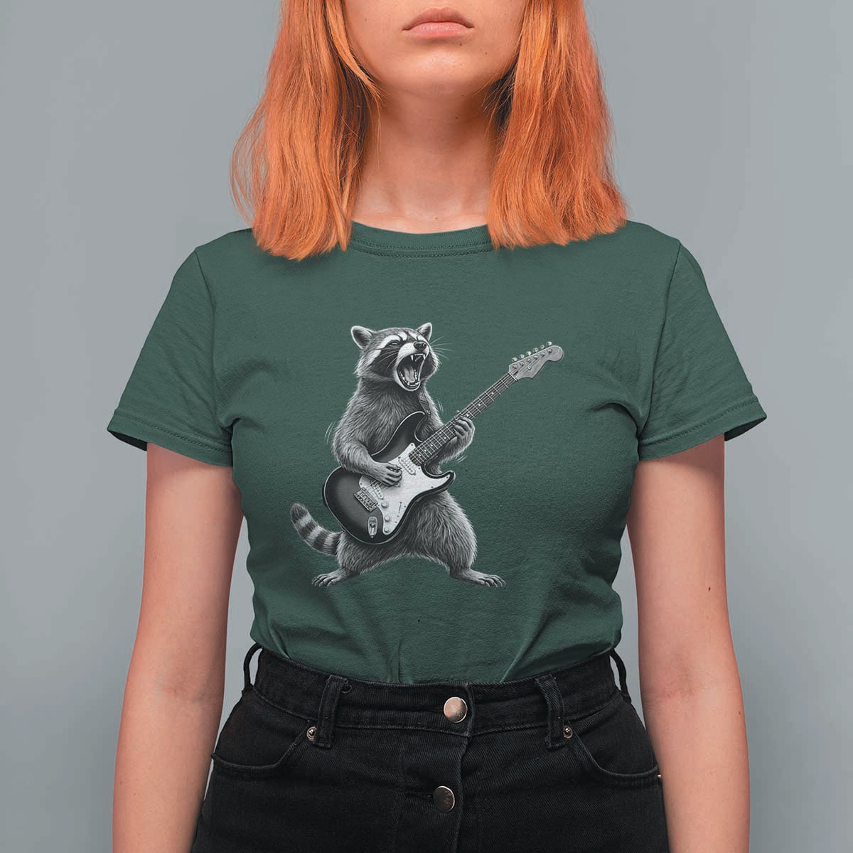 Funny Raccoon Playing Guitar Rock and Roll T Shirt For Women