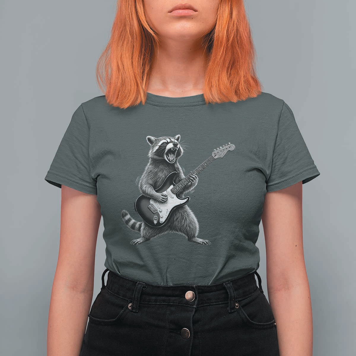 Funny Raccoon Playing Guitar Rock and Roll T Shirt For Women