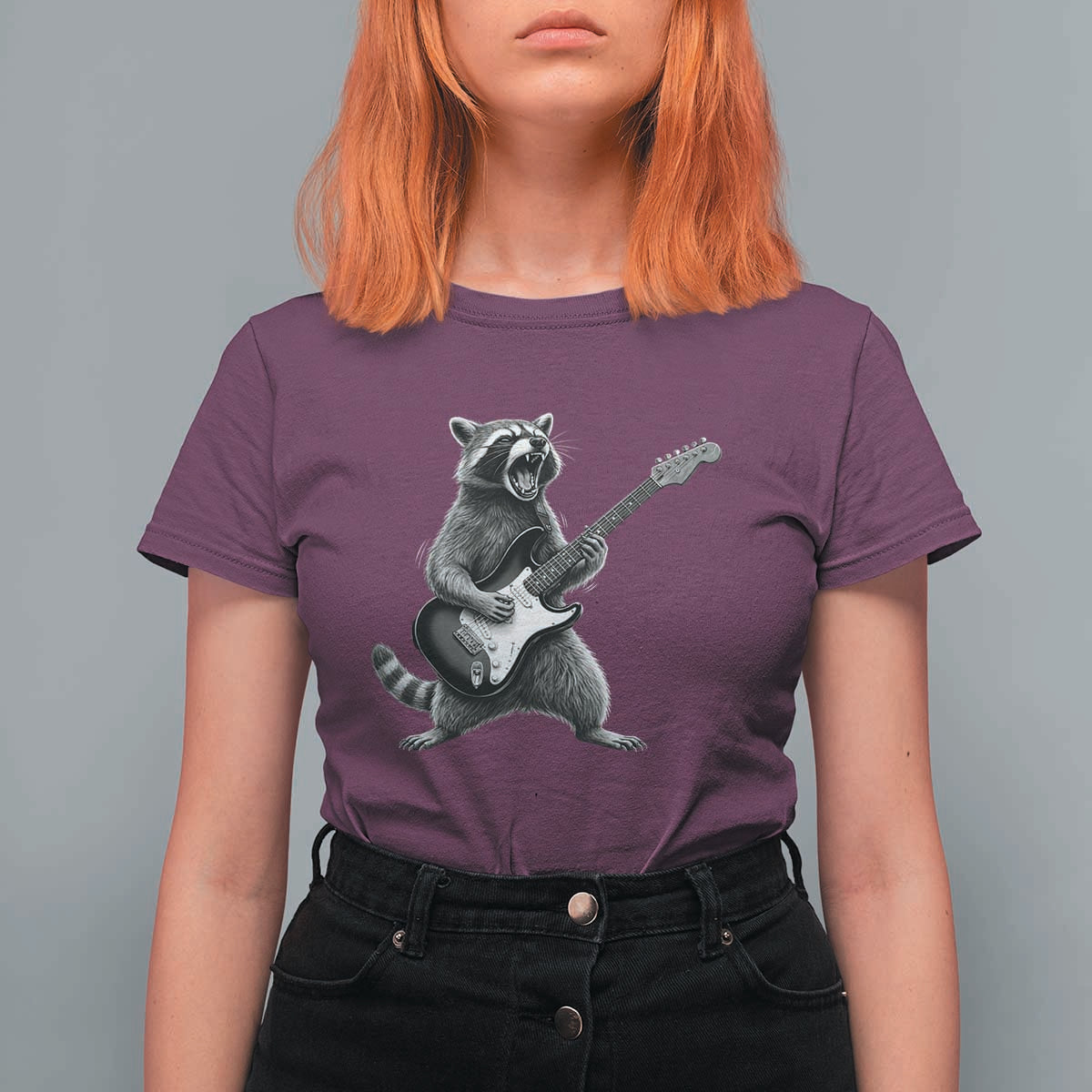 Funny Raccoon Playing Guitar Rock and Roll T Shirt For Women