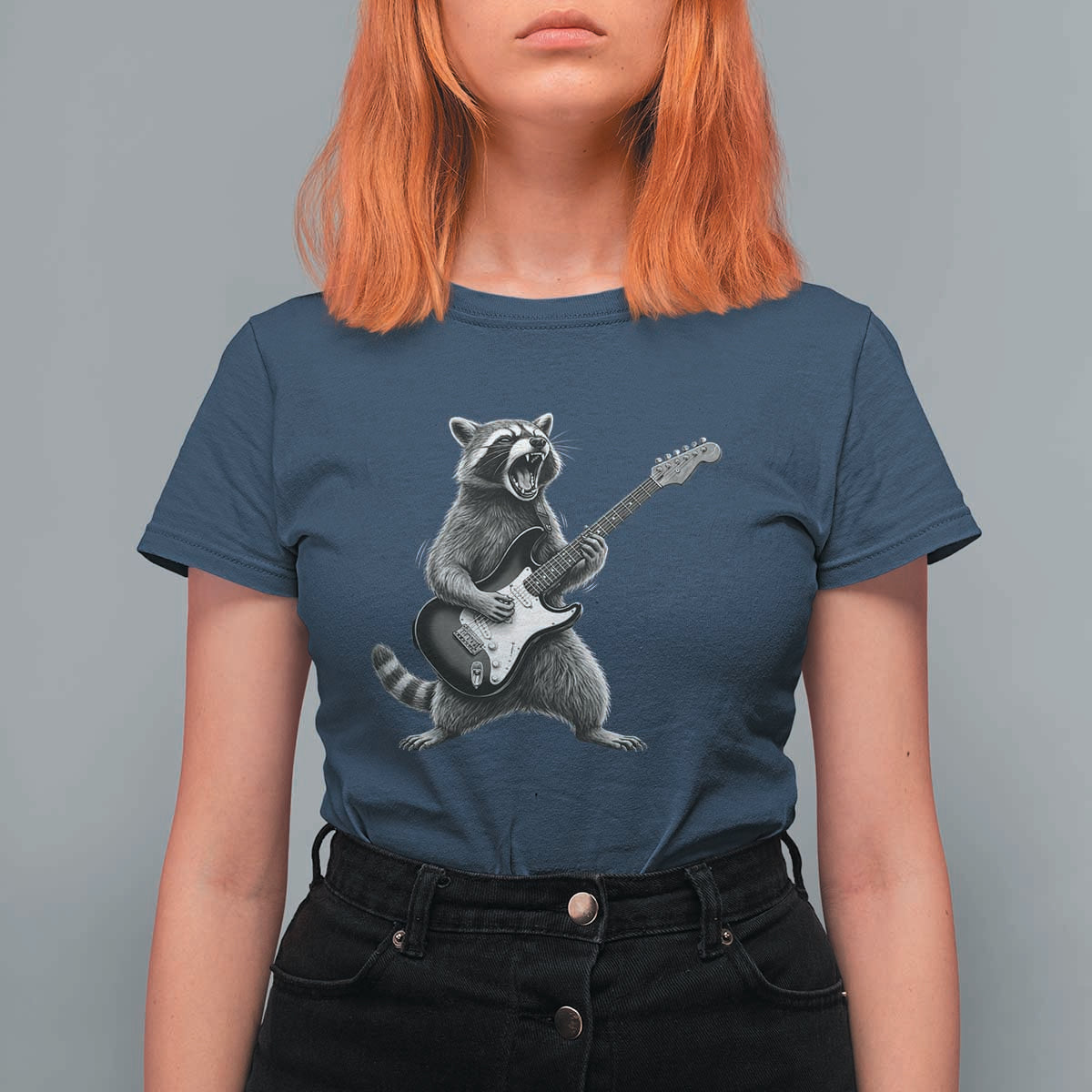 Funny Raccoon Playing Guitar Rock and Roll T Shirt For Women