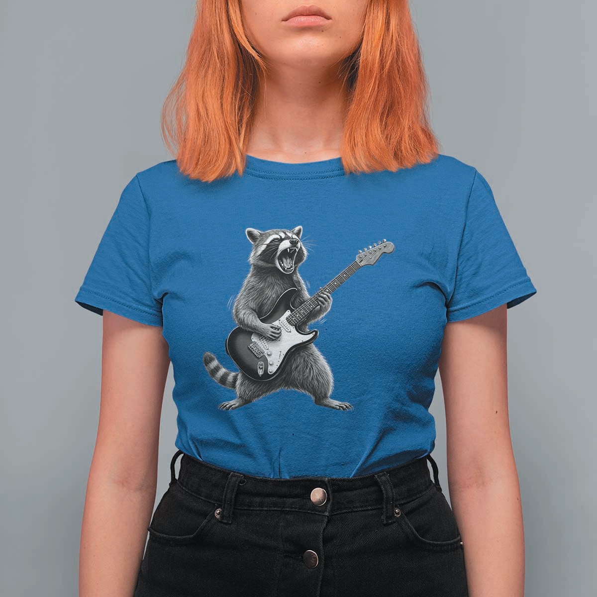 Funny Raccoon Playing Guitar Rock and Roll T Shirt For Women