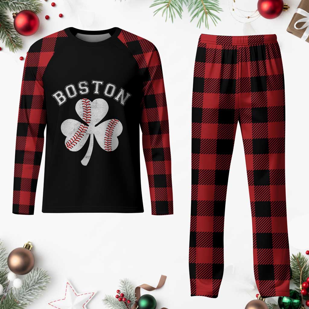 Funny Boston St Patricks Day Baseball Shamrock Plaid Pajama Set