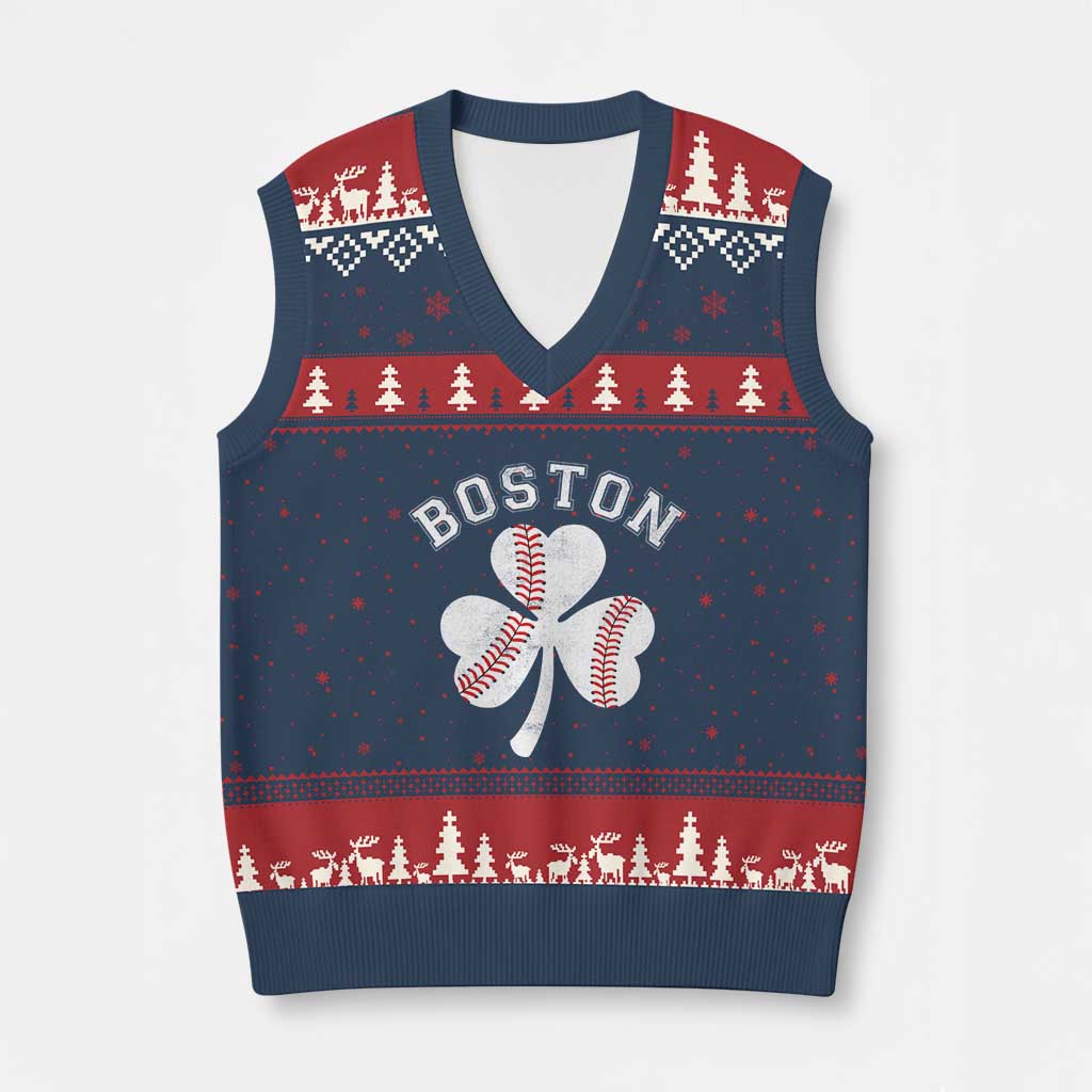 Funny Boston St Patricks Day Baseball Shamrock V-Neck Knit Sweater Vest