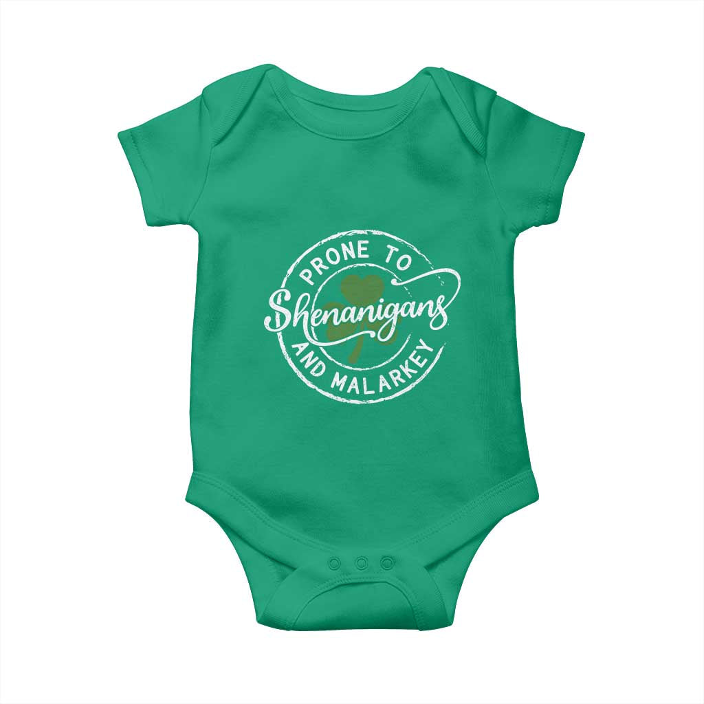 Prone To Shenanigans And Malarkey Baby Onesie Funny St Patricks Day Irish Shamrock