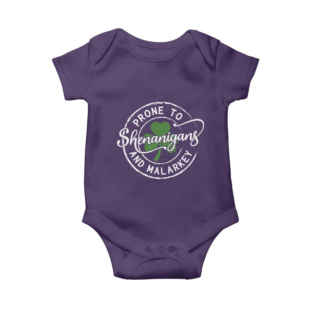 Prone To Shenanigans And Malarkey Baby Onesie Funny St Patricks Day Irish Shamrock