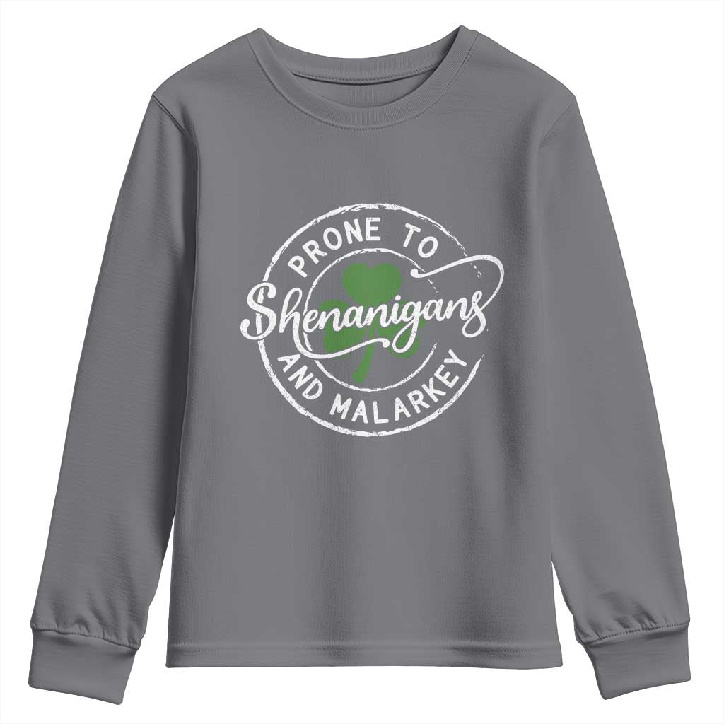 Prone To Shenanigans And Malarkey Youth Sweatshirt Funny St Patricks Day Irish Shamrock