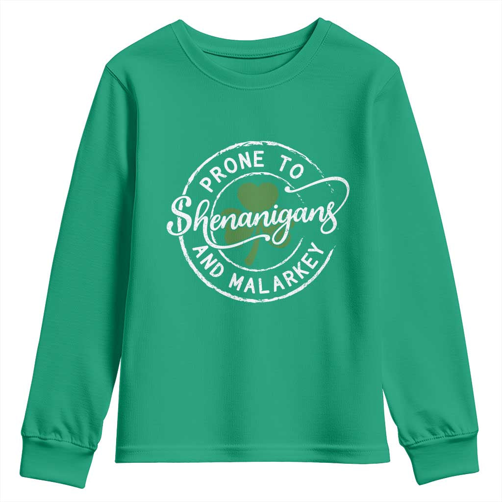Prone To Shenanigans And Malarkey Youth Sweatshirt Funny St Patricks Day Irish Shamrock