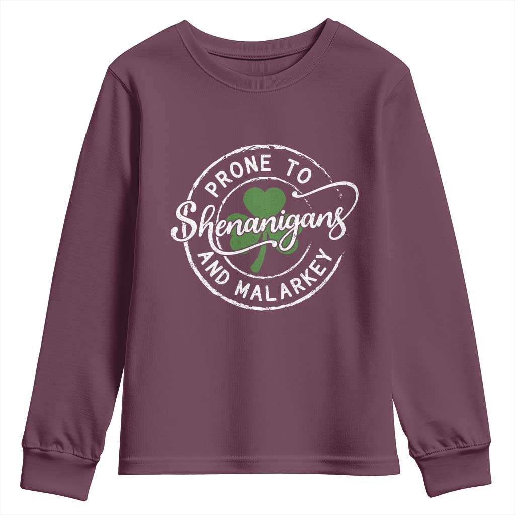 Prone To Shenanigans And Malarkey Youth Sweatshirt Funny St Patricks Day Irish Shamrock