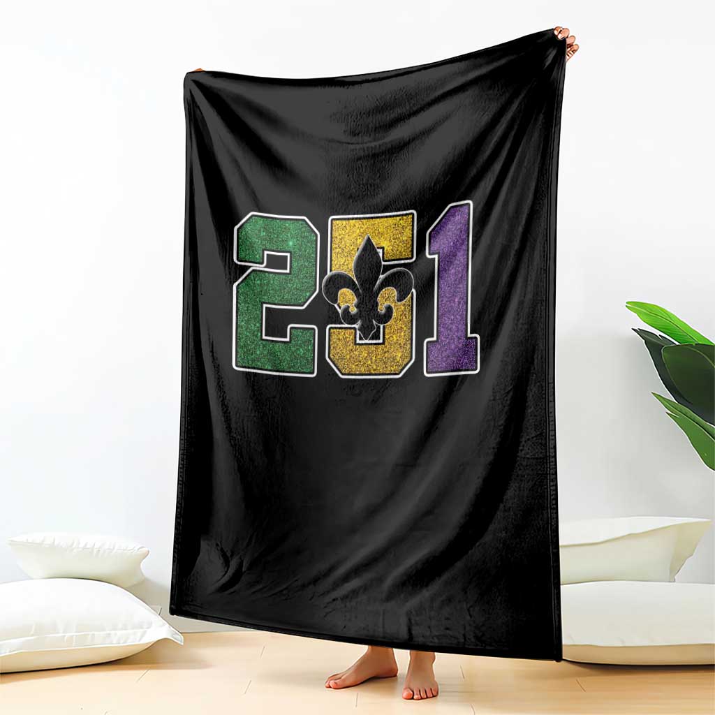 Funny Mardi Gras Mobile Alabama Throw Blanket 251 Area Code Glitter Print Fleur De Lis