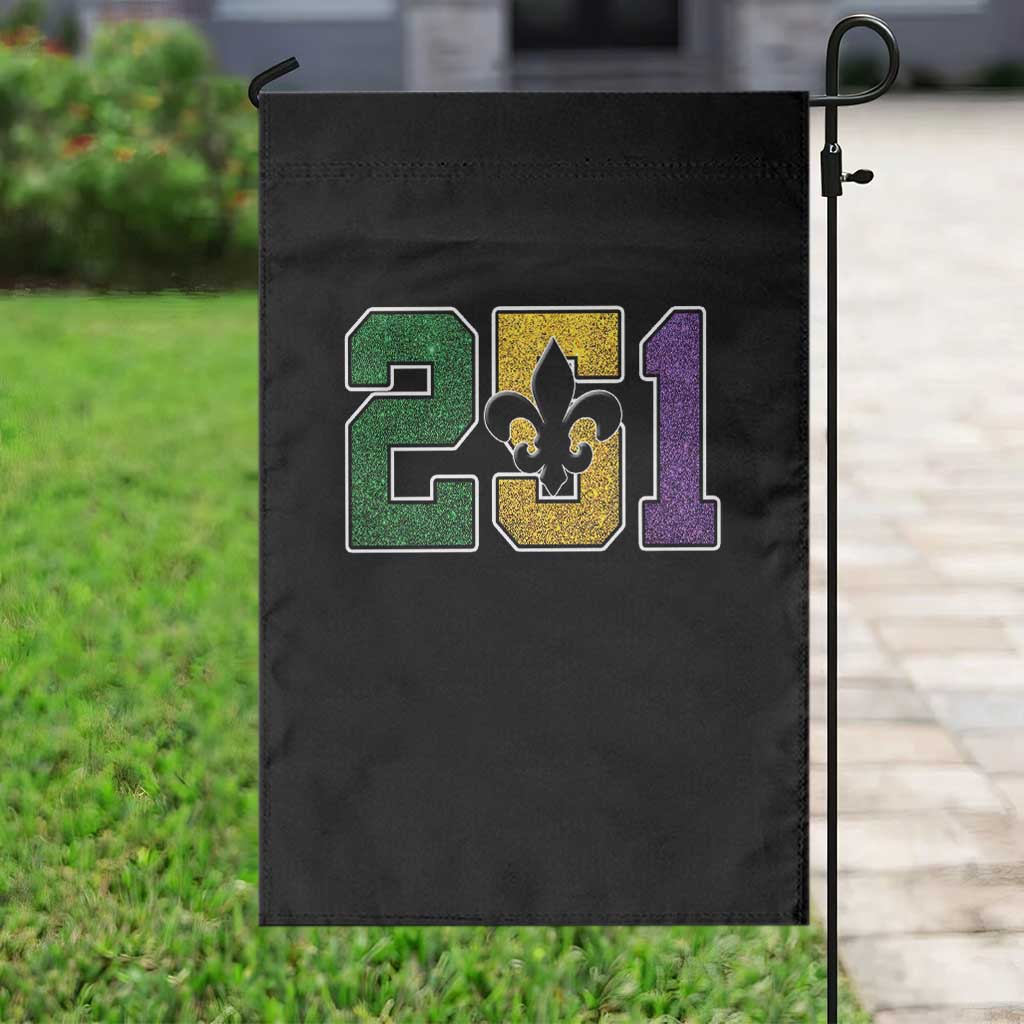 Funny Mardi Gras Mobile Alabama Garden Flag 251 Area Code Glitter Print Fleur De Lis