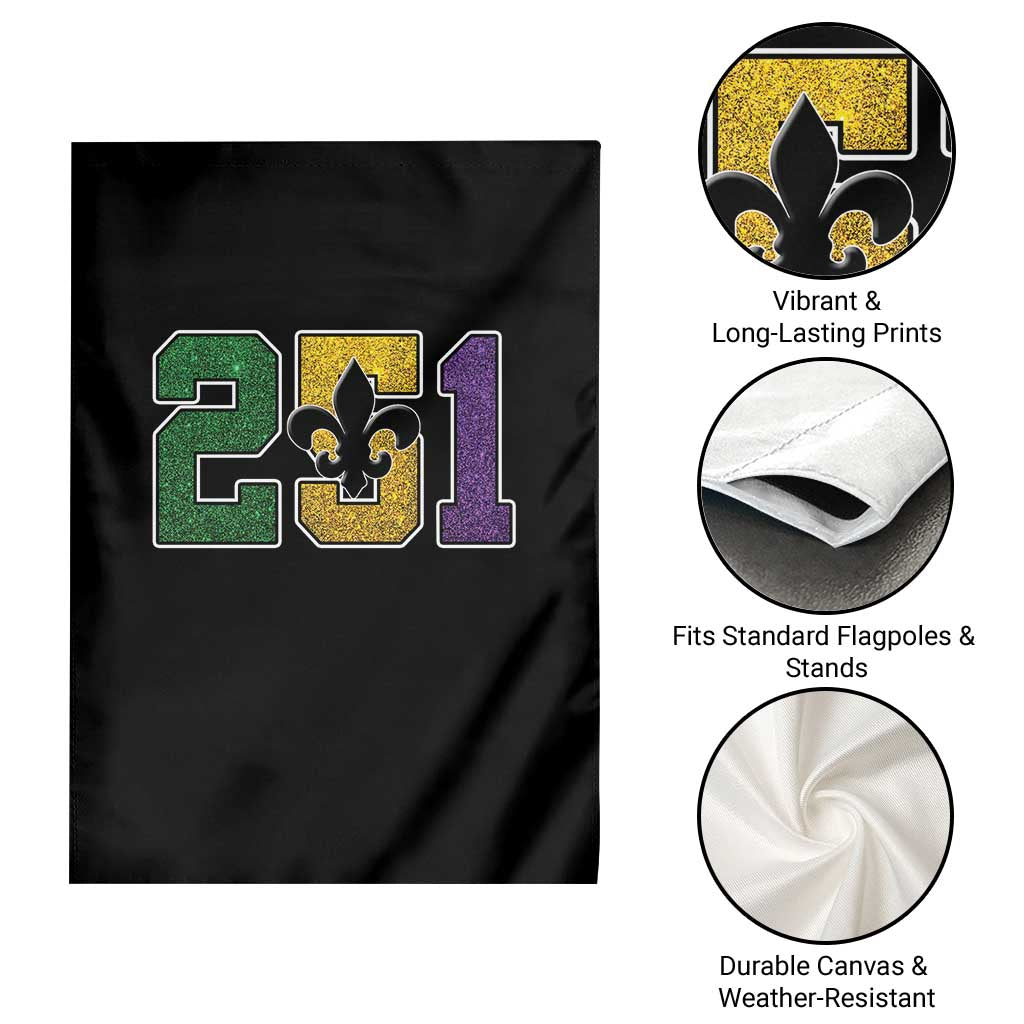 Funny Mardi Gras Mobile Alabama Garden Flag 251 Area Code Glitter Print Fleur De Lis