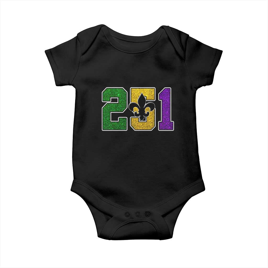 Funny Mardi Gras Mobile Alabama Baby Onesie 251 Area Code Glitter Print Fleur De Lis