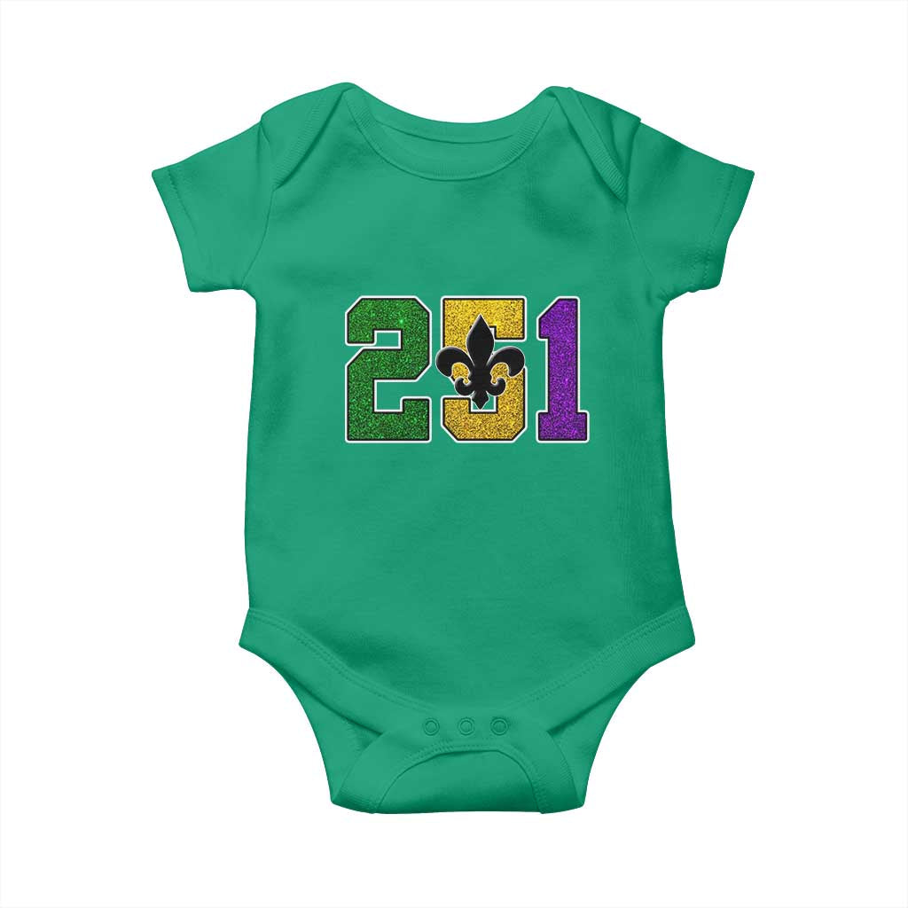 Funny Mardi Gras Mobile Alabama Baby Onesie 251 Area Code Glitter Print Fleur De Lis